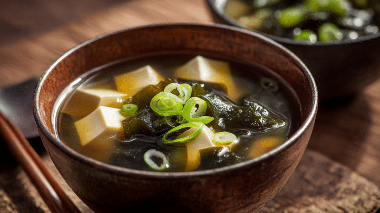 Miso Suppe 8 Authentische Miso Suppe in traditioneller Schale mit Tofu und Algen