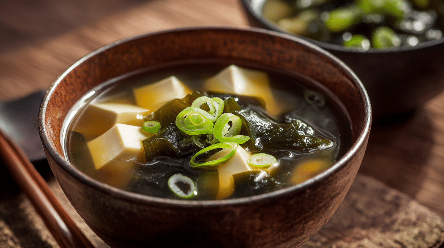 Miso Suppe 1 Authentische Miso Suppe in traditioneller Schale mit Tofu und Algen