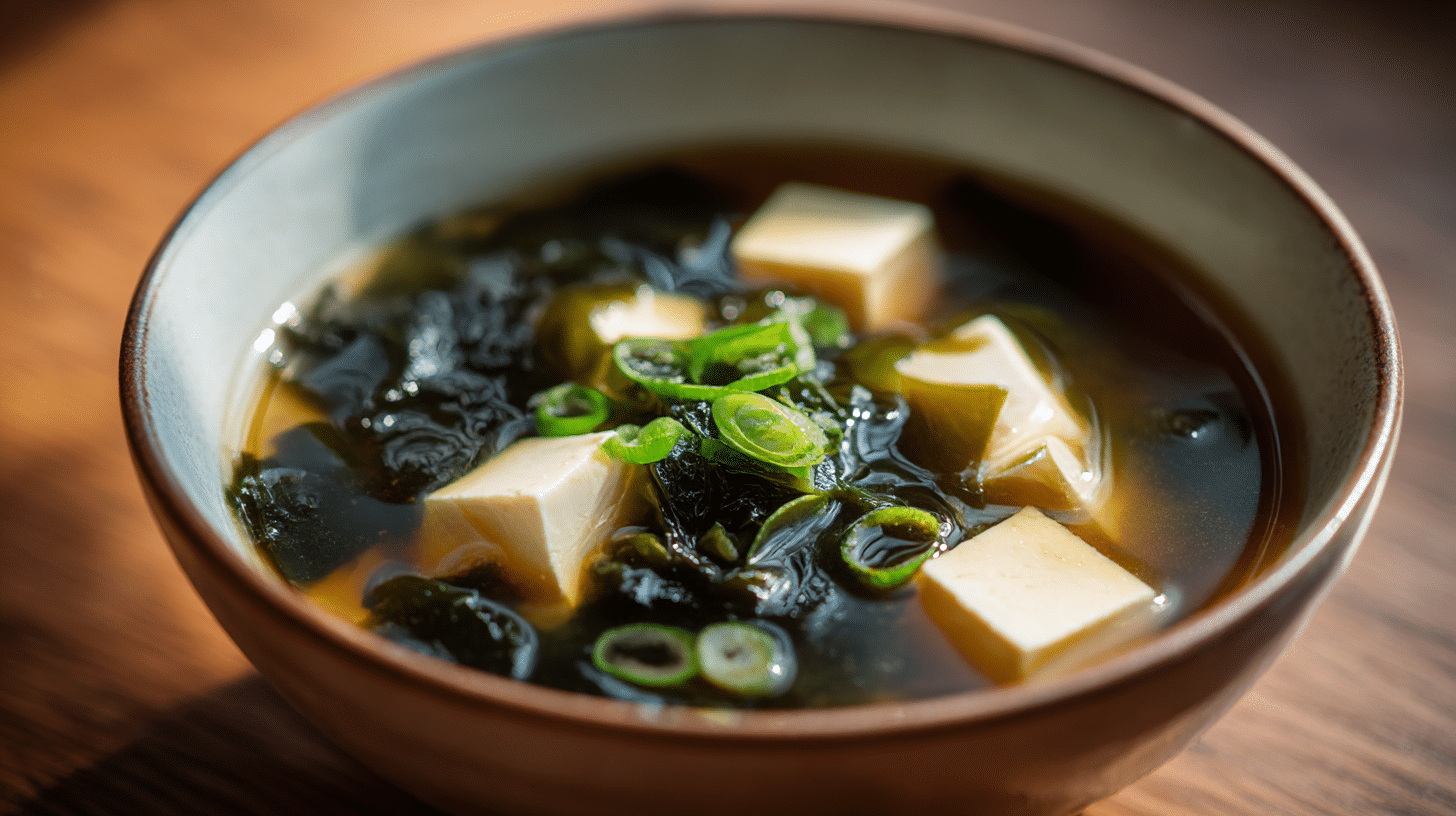 Nahaufnahme von Miso Suppe mit Löffel, der die frischen Zutaten zeigt