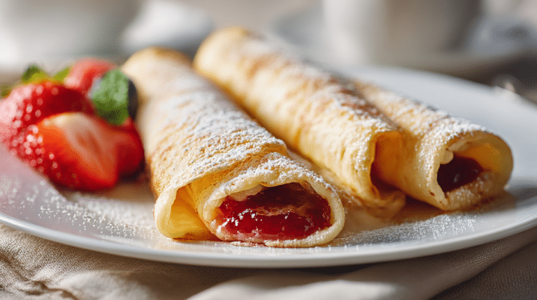 Palatschinken Rezept 8 Original Palatschinken Rezept auf einem Teller mit frischen Früchten und Puderzucker