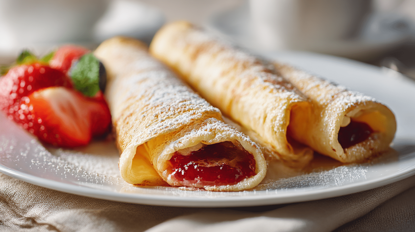 Original Palatschinken Rezept auf einem Teller mit frischen Früchten und Puderzucker