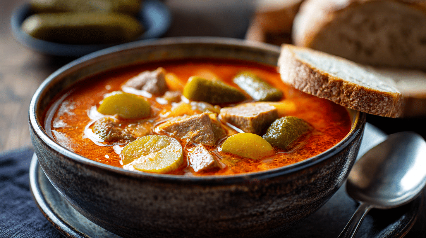 Nahaufnahme der Soljanka mit frischen Kräutern, traditionell aus der DDR