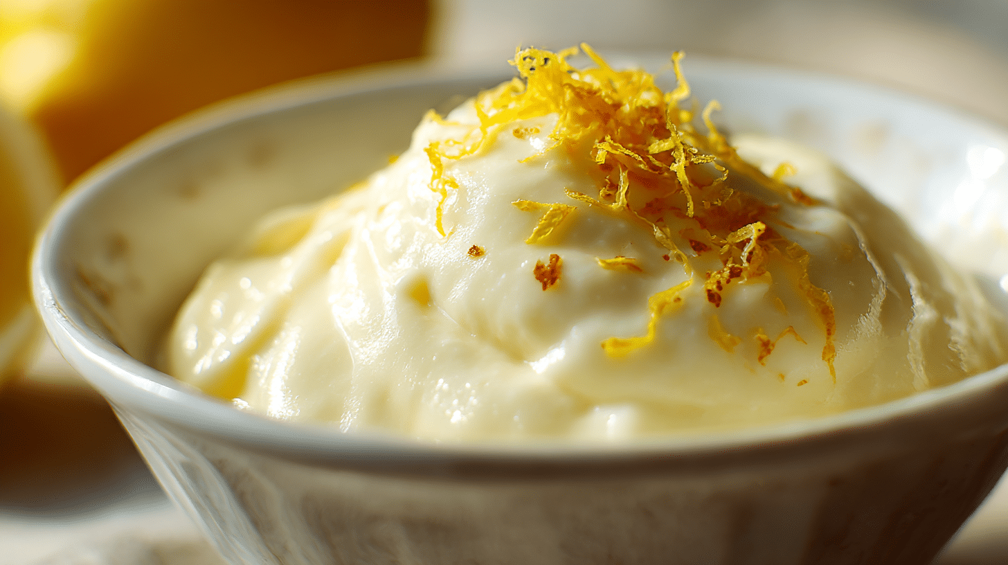Nahaufnahme der cremigen Textur der Zitronencreme nach Omas Rezept