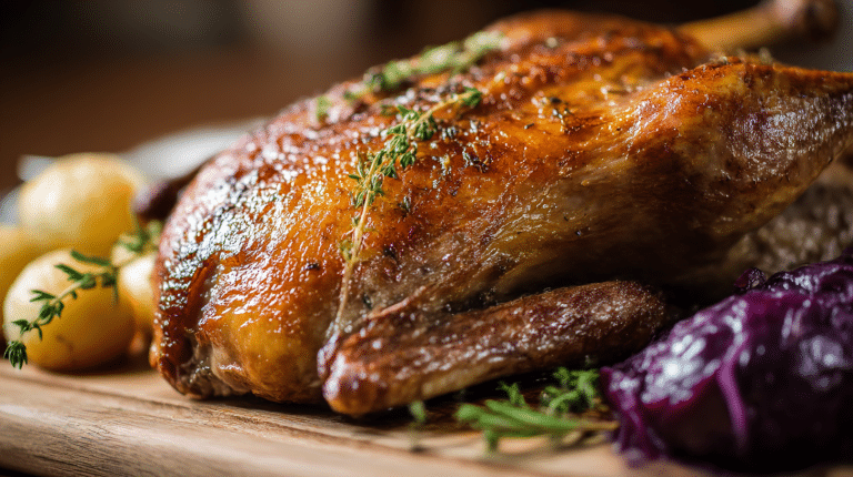 Ente im Bräter nach Omas Rezept, goldbraun und knusprig angerichtet