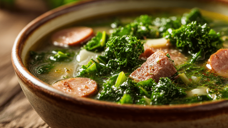 Grünkohlsuppe nach Omas Rezept in einer traditionellen Porzellan-Schüssel serviert