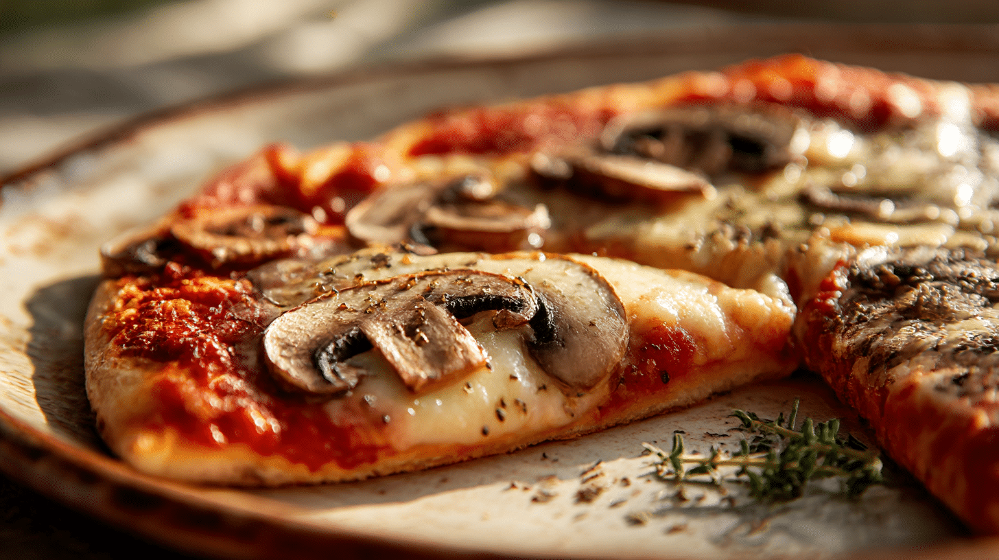 Angeschnittene Original Pizza Funghi mit dampfendem Innenleben