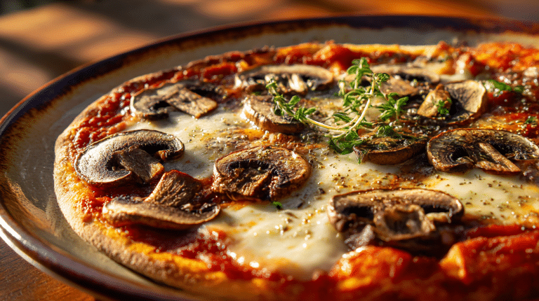 Original Pizza Funghi in voller Pracht mit frischen Champignons und Käse