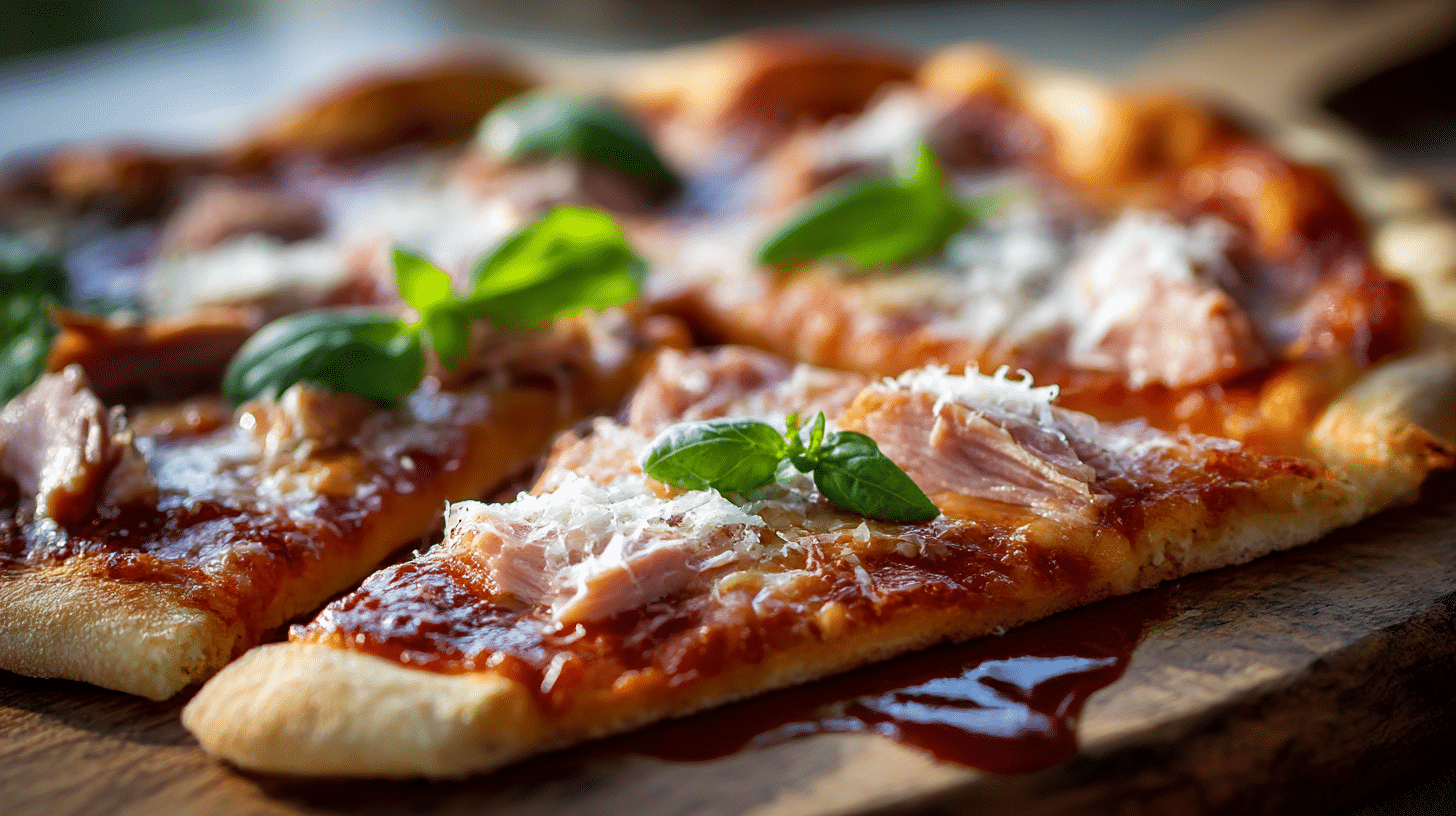 Servierte Original Pizza Tonno auf einem rustikalen Holzbrett mit frischen Kräutern