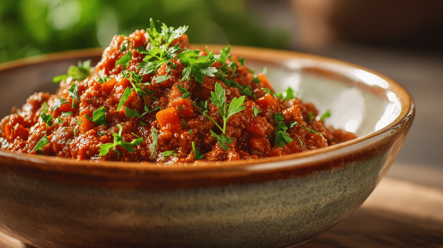 Original Ragù alla Bolognese mit Beilagen auf dem Tisch dekoriert