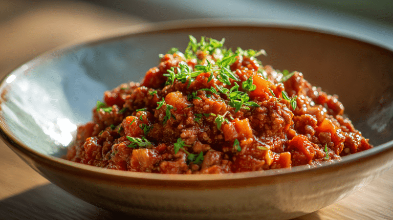 Original Ragù alla Bolognese in traditioneller Servierschale, dampfend heiß