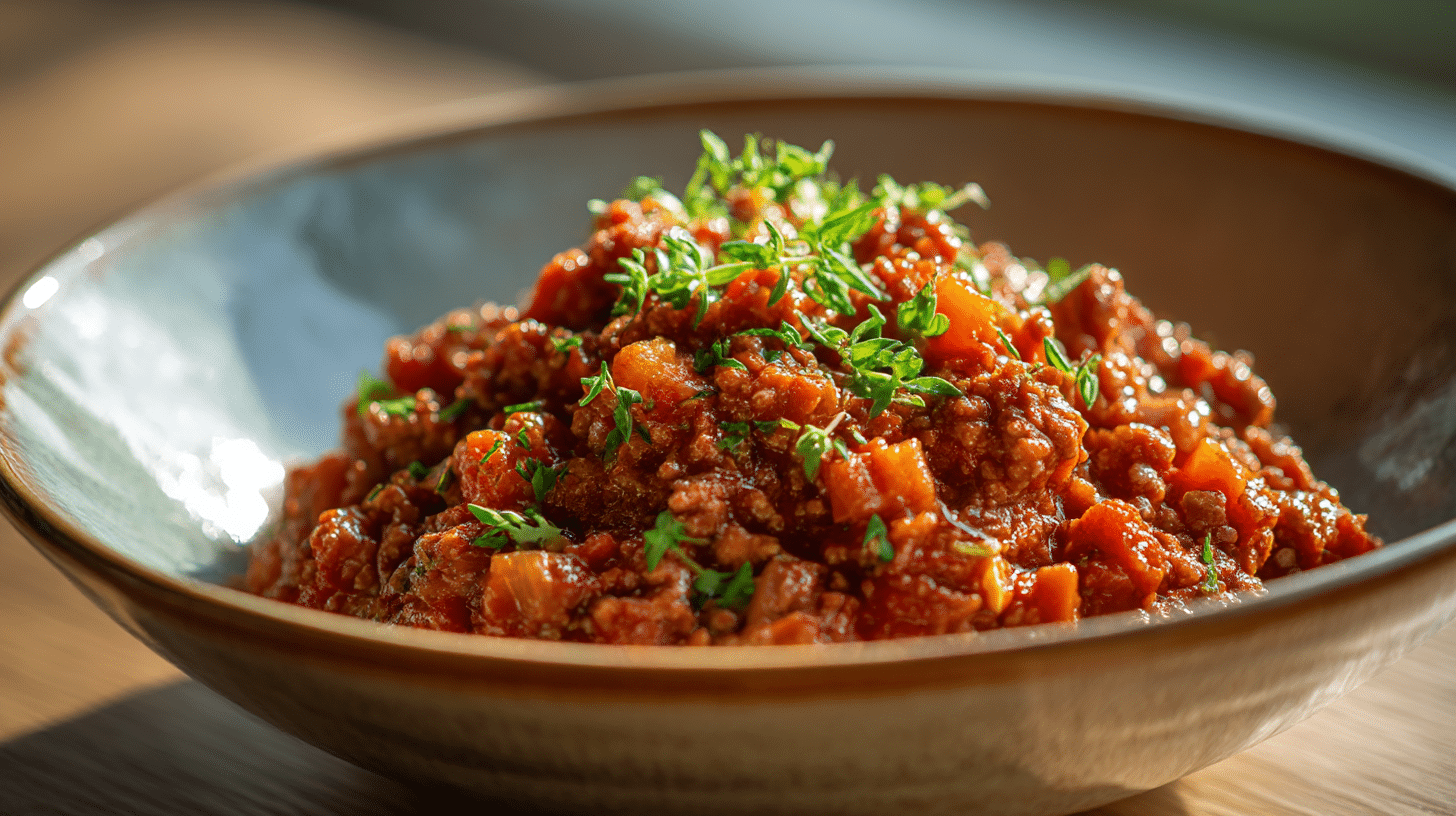 Original Ragù alla Bolognese in traditioneller Servierschale, dampfend heiß