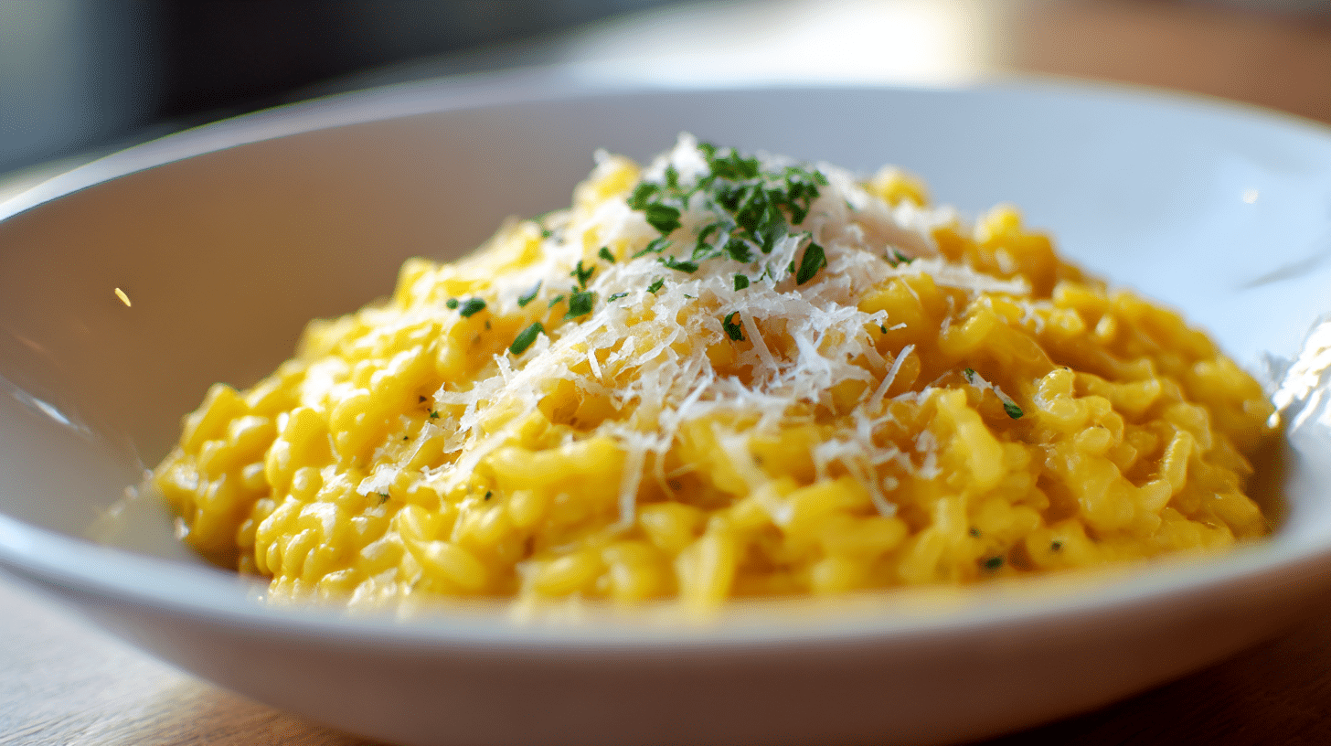 Zubereitung von original Risotto Milanese in einem Topf mit Safran