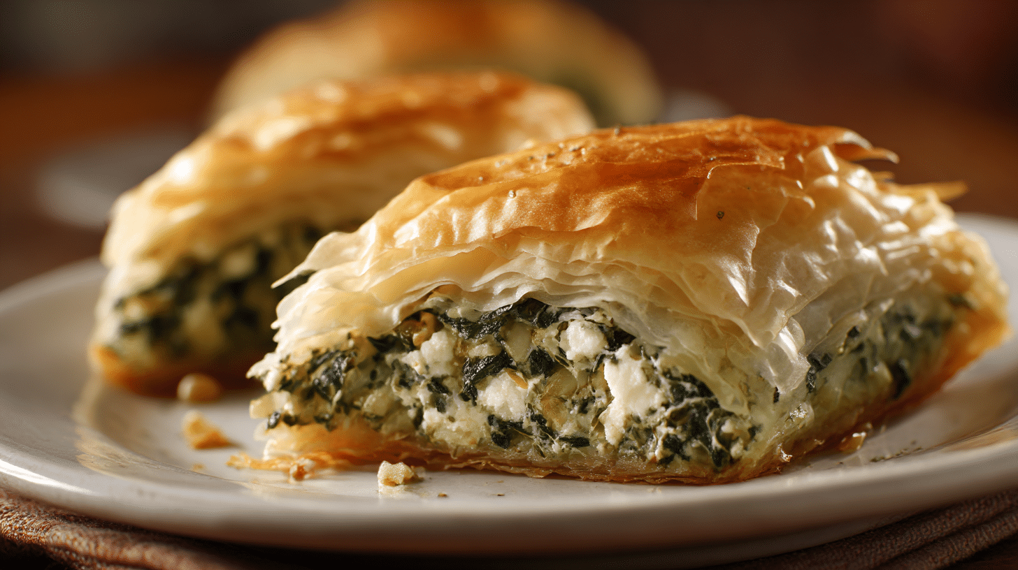 Nahaufnahme der goldbraunen Kruste einer original Spanakopita