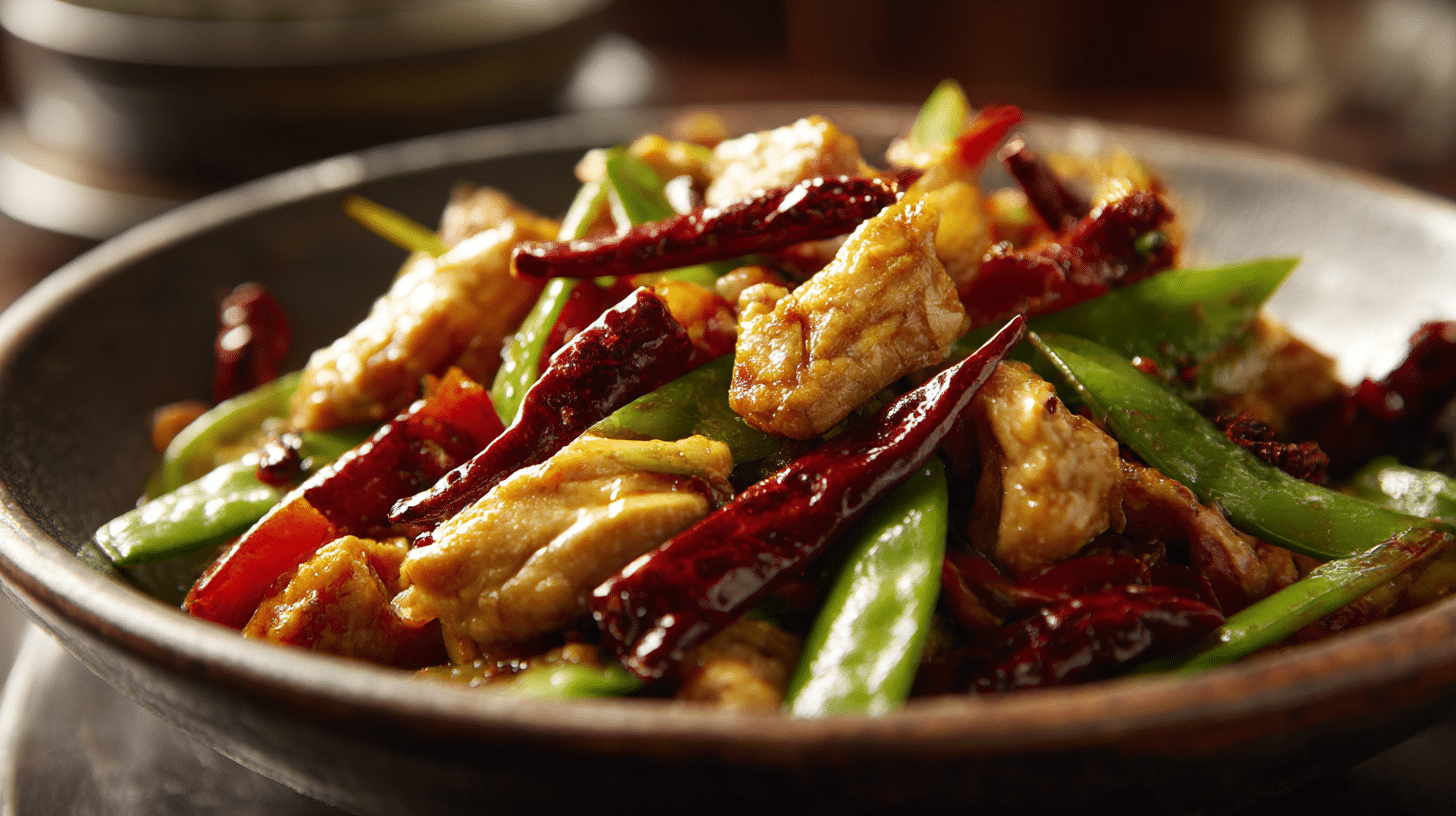 Nahaufnahme einer Schüssel mit original Szechuan Rezept, kräftige Farben