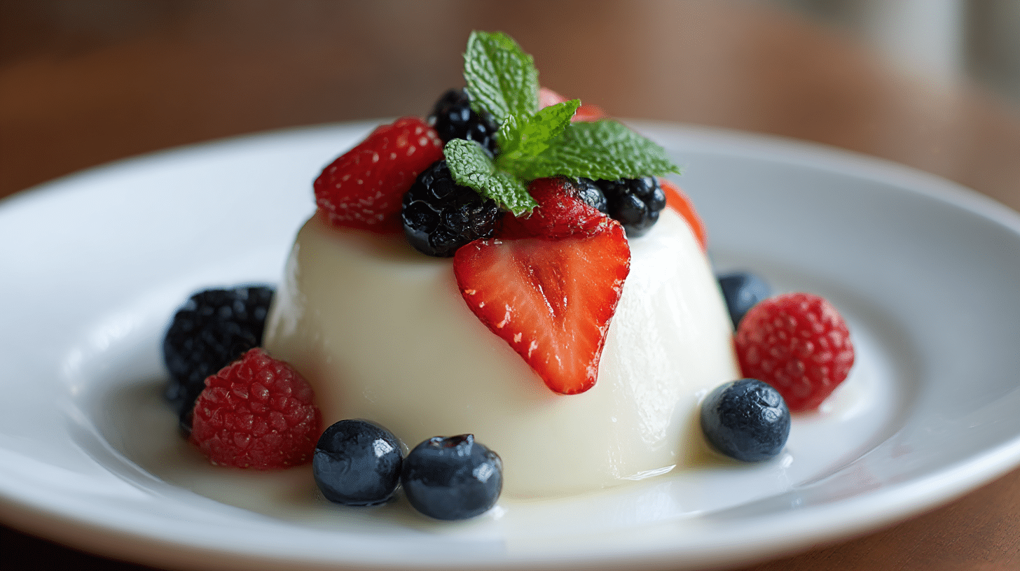 Original Panna Cotta mit Joghurt auf festlichem Tisch mit Blumen dekoriert