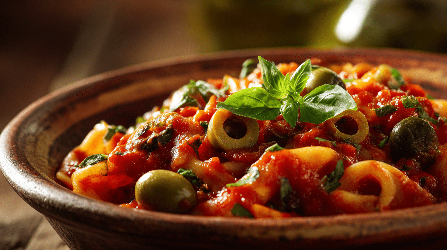 Puttanesca Rezept Original 1 Original Puttanesca mit frischen Tomaten und Oliven in traditioneller Schüssel serviert