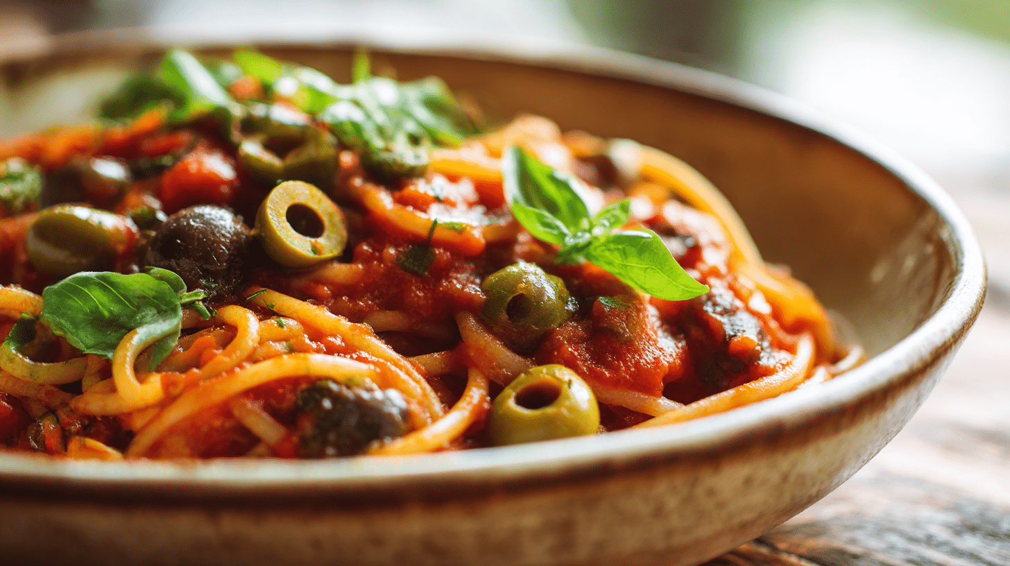 Zutaten für original Puttanesca: Tomaten, Oliven, Kapern und Würzmittel auf Holzunterlage