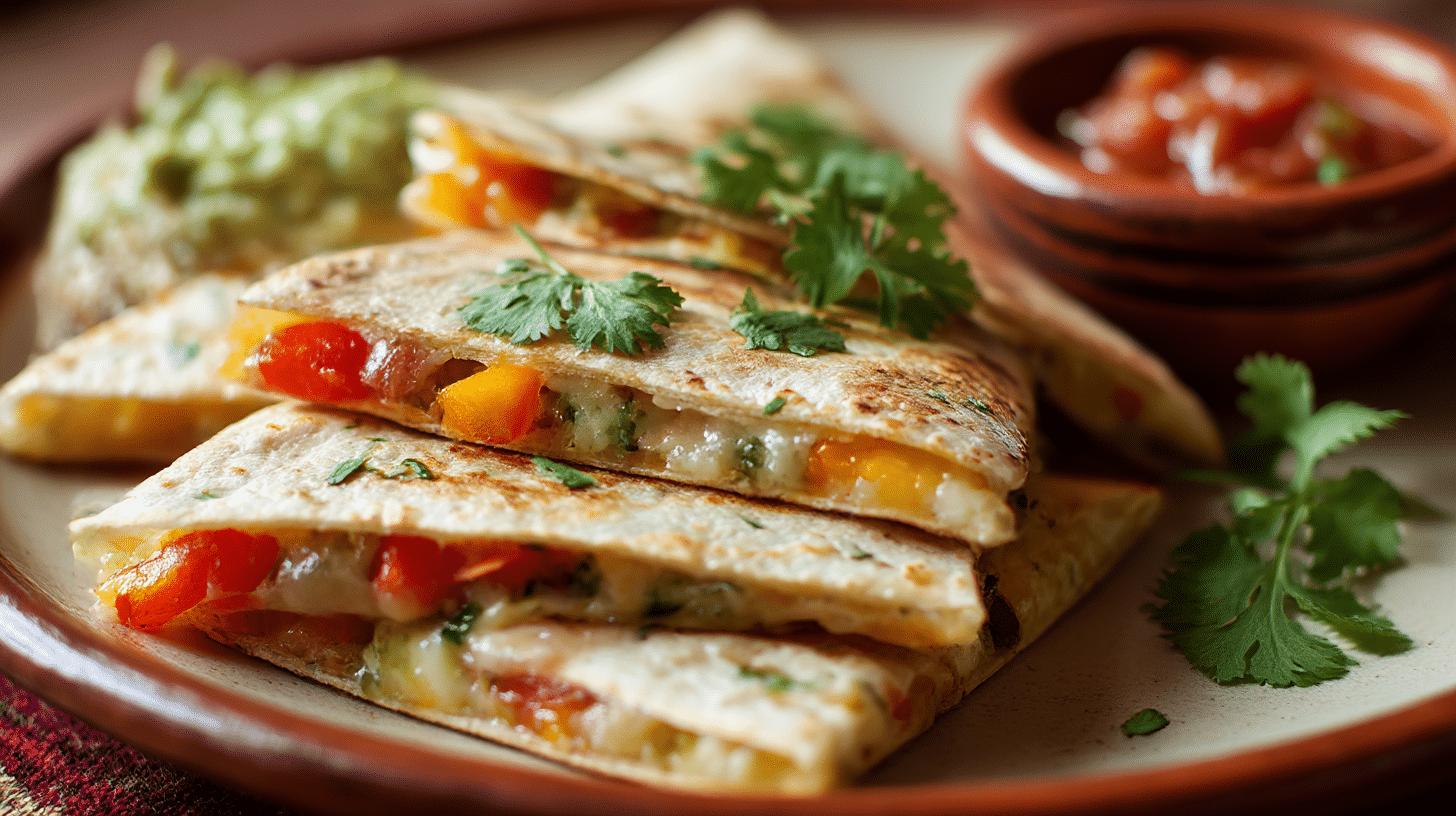 Original Quesadillas mit buntem Gemüse und geschmolzenem Käse auf einem Holzbrett