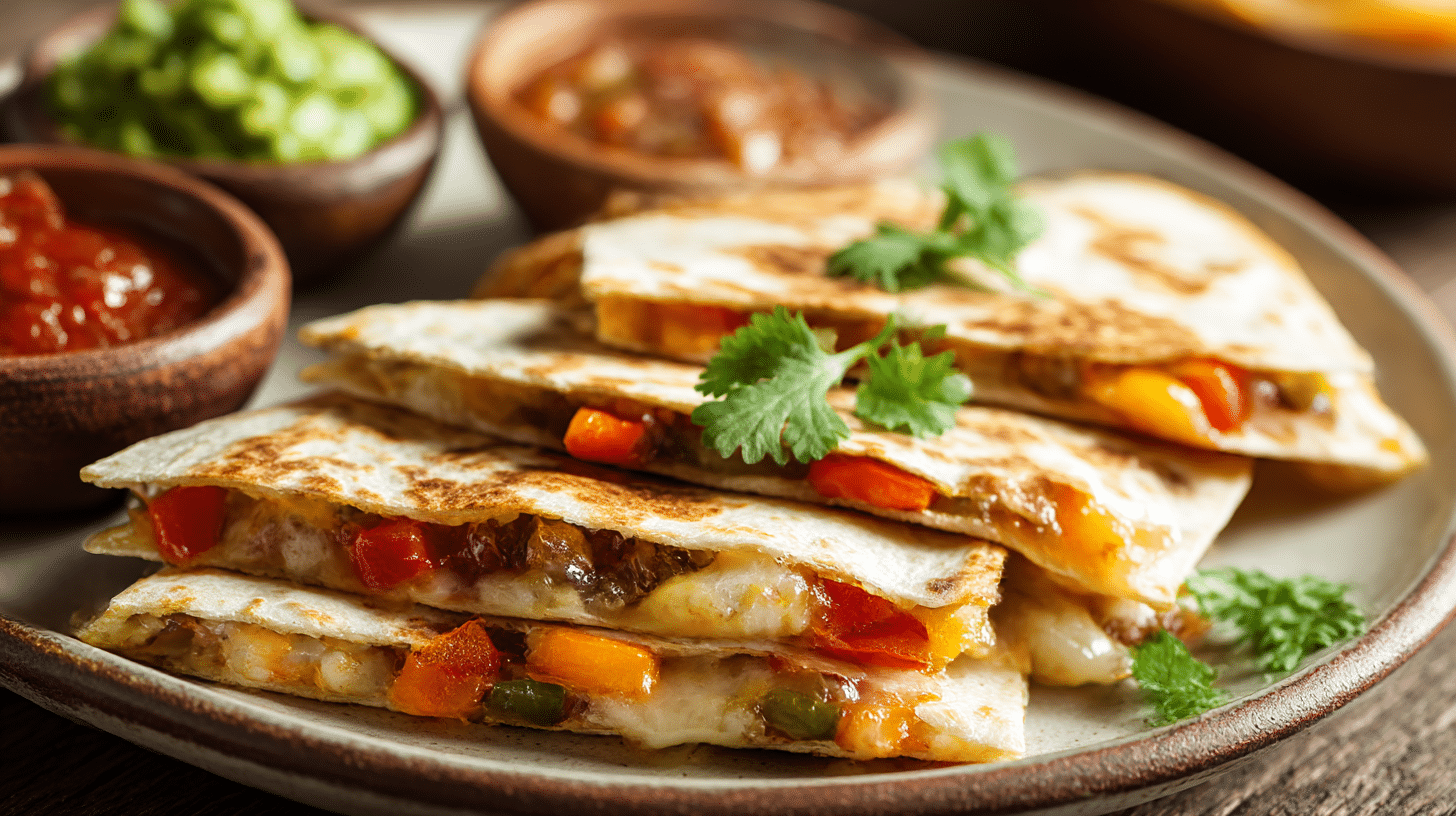 Nahaufnahme der köstlichen Füllung von Quesadillas mit Käse und Gemüse