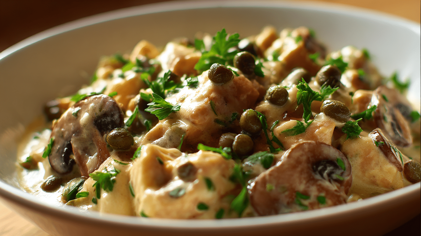 Nahaufnahme des Ragout Fin mit feinem Gemüse und Sauce