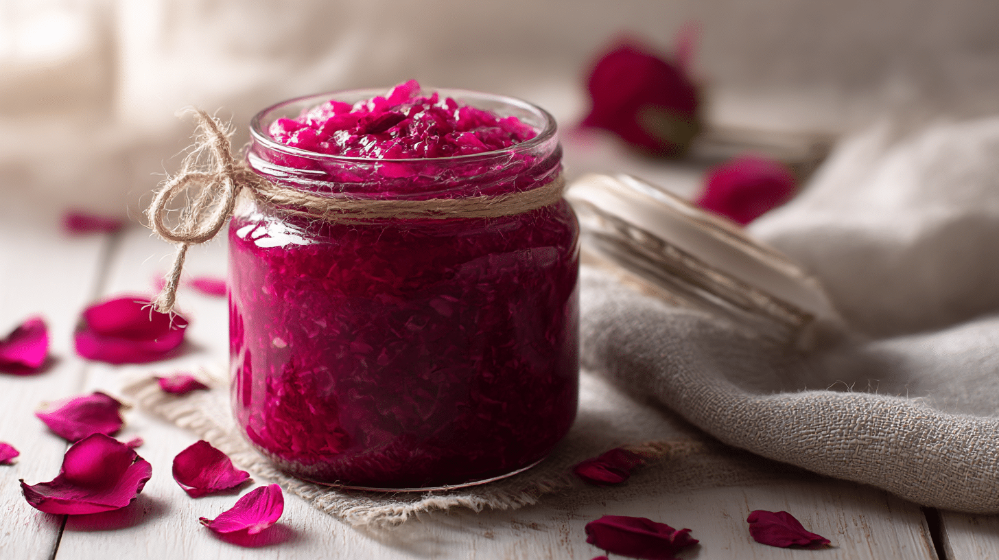 Original Rosenmarmelade in einer Schale, dekorativ angerichtet